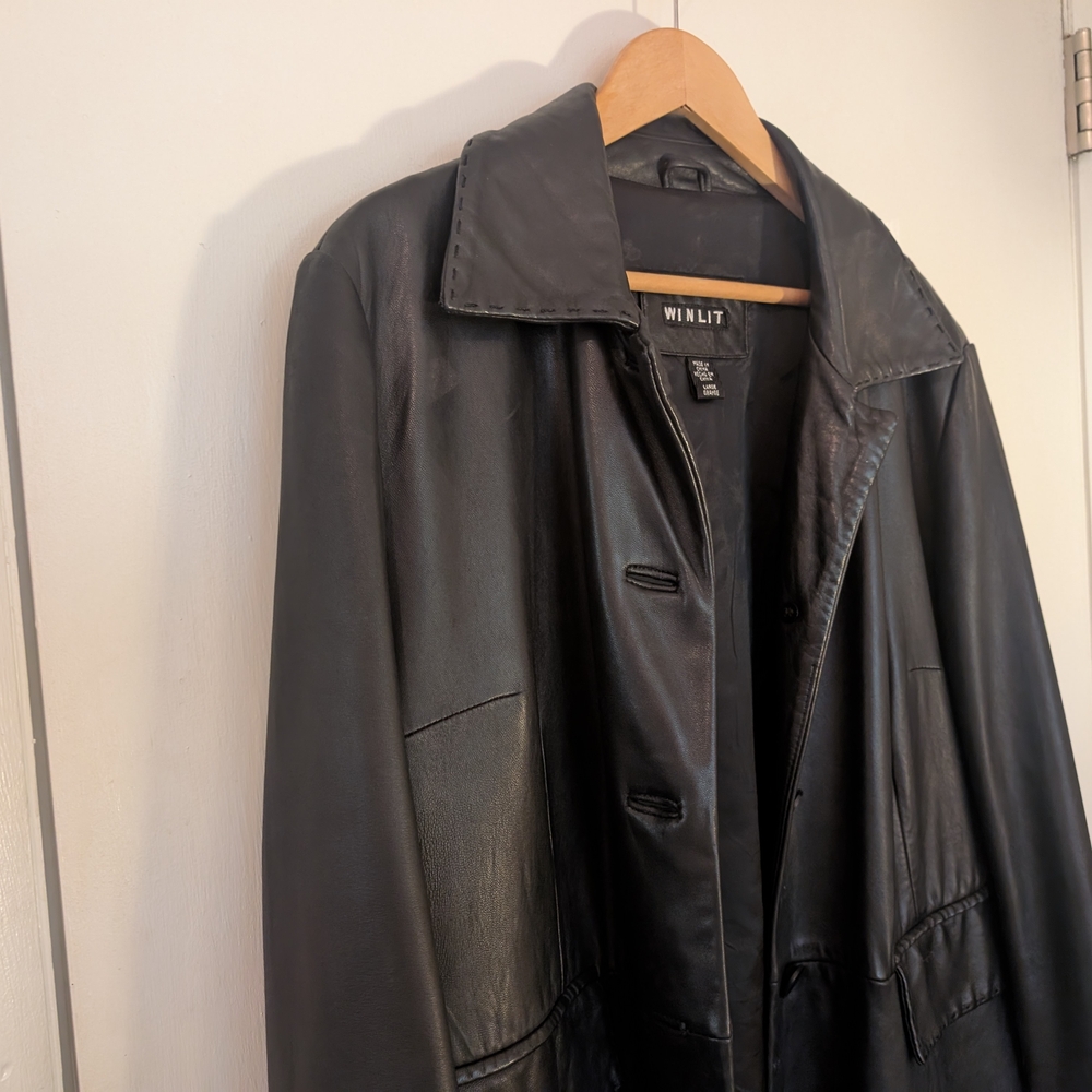90s Black Leather Coat Midi Coat - Picture 12 of 12